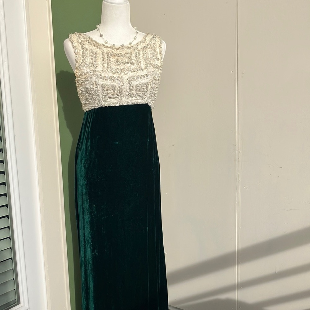 Vintage 60s Geometric White and Green Velvet Maxi Dress